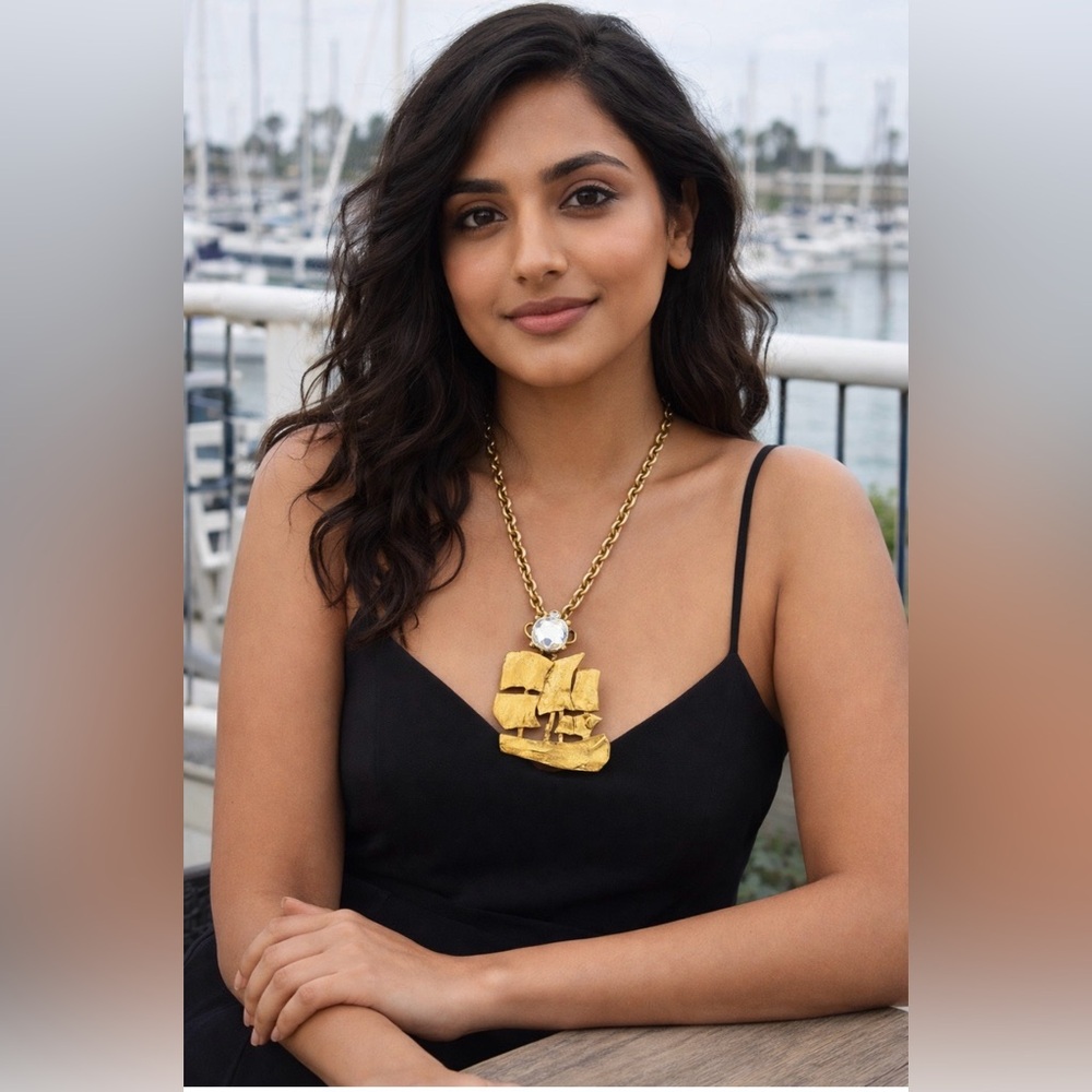 YSL Gold Ship Pendant Necklace